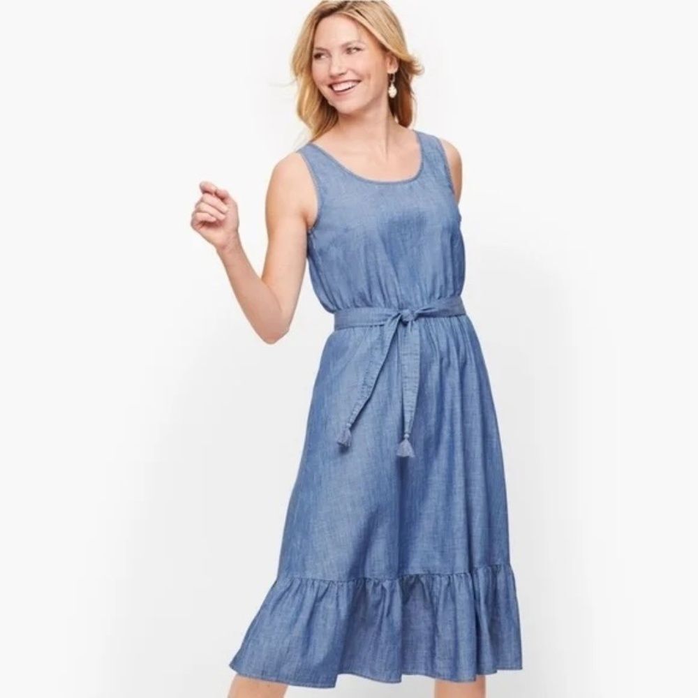 Talbots Flounced Denim Midi Dress Size 8Petite Belted Lightweight Sleeveless